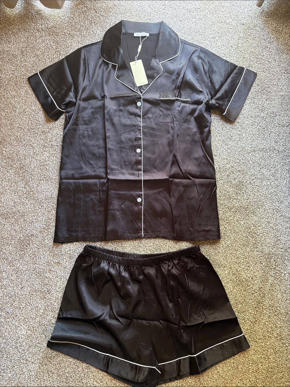 Classic Black Short Pajama Set with Contrast Piping
